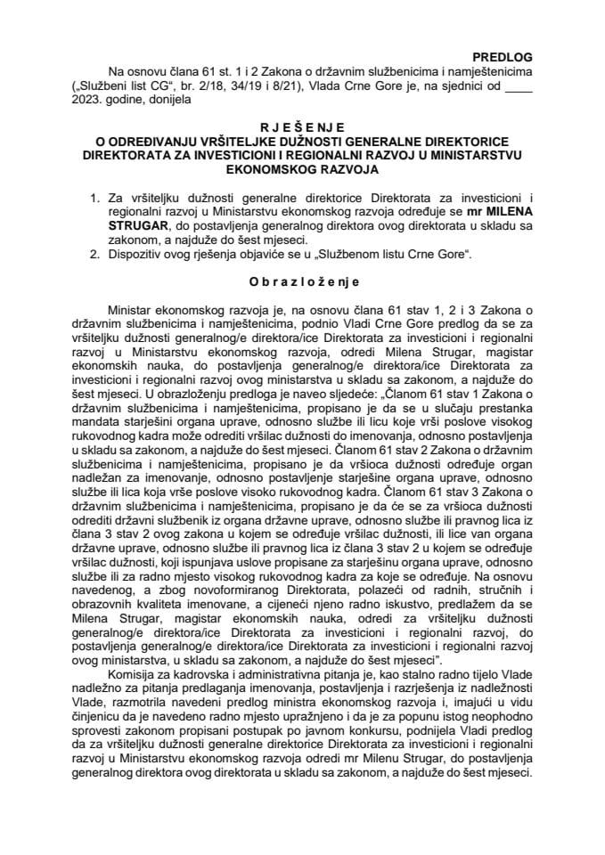 Predlog za određivanje vršiteljke dužnosti generalne direktorice Direktorata za investicioni i regionalni razvoj u Ministarstvu ekonomskog razvoja