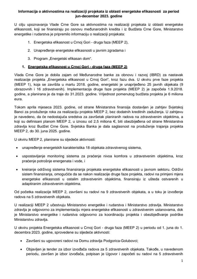 Informacija o aktivnostima na realizaciji projekata iz oblasti energetske efikasnosti za period jun - decembar 2023. godine (bez rasprave)