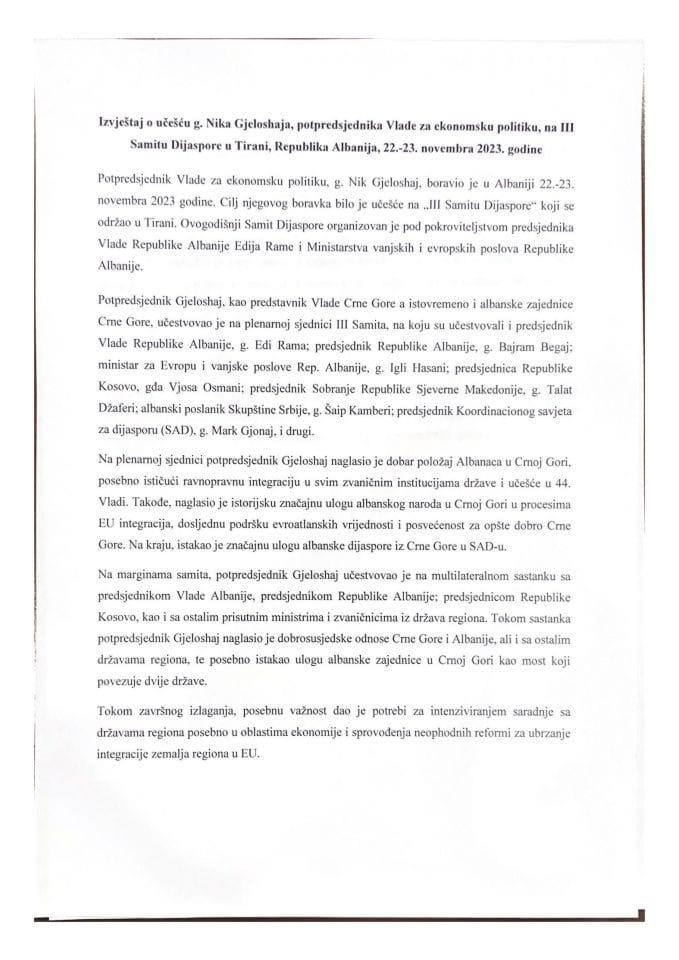 Izvještaj o učešću Nika Gjeloshaja, potpredsjednika Vlade za ekonomsku politiku i ministra ekonomskog razvoja, na III Samitu Dijaspore u Tirani, Republika Albanija, 22-23. novembra 2023. godine