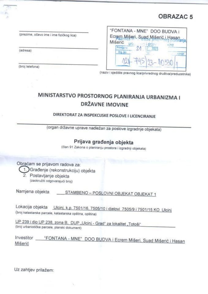 Prijava građenja objekta - 121-745-23-10530-1 FONTANA - MNE DOO BUDVA I ECREM MIŠERI, SUAD MIŠERIĆ I HASAN MIŠERIĆ