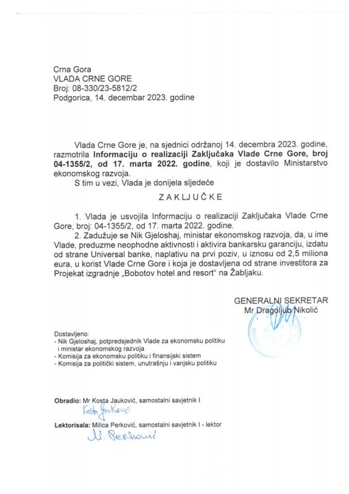 Информација о реализацији закључака Владе Црне Горе, број: 04-1355/2, од 17. марта 2022. године - закључци