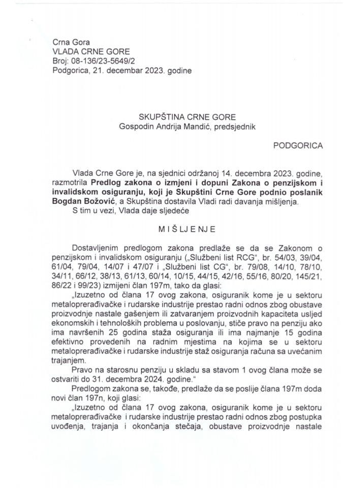 Предлог мишљења на Предлог закона о измјени и допуни Закона о пензијском и инвалидском осигурању (предлагач посланик Богдан Божовић) - закључци