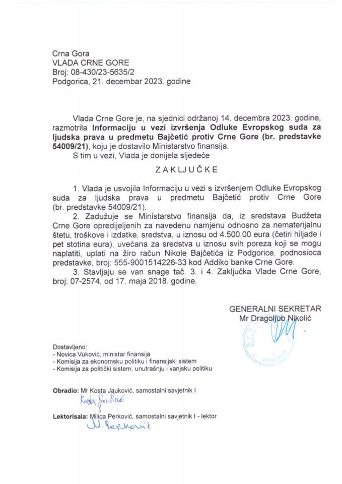 Информација у вези извршења одлуке Европског суда за људска права у предмету Бајчетић против Црне Горе (бр. представке 54009/21) - закључци