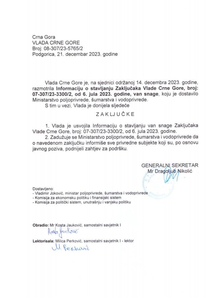 Информација о стављању ван снаге Закључка Владе Црне Горе, број: 07-307/23-3300/2, од 6. јула 2023. године - закључци