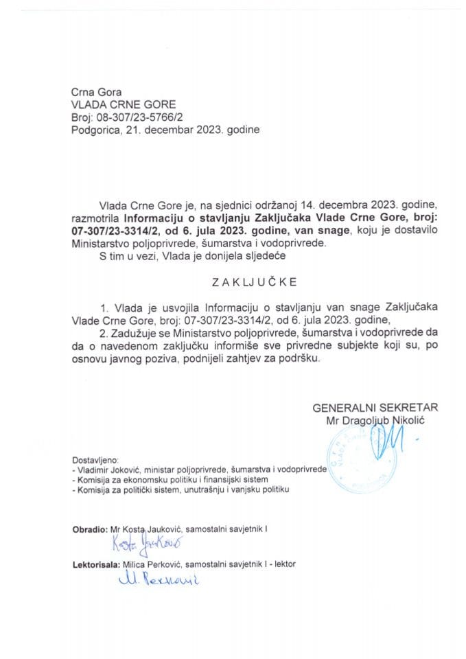 Информација о стављању ван снаге Закључка Владе Црне Горе, број: 07-307/23-3314/2, од 6. јула 2023. године - закључци