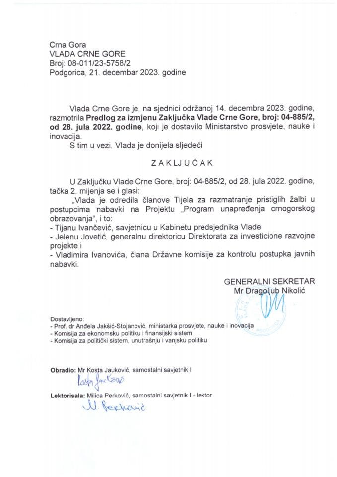 Предлог за измјену Закључка Владе Црне Горе, број: 04-885/2, од 28. јула 2022. године - закључци