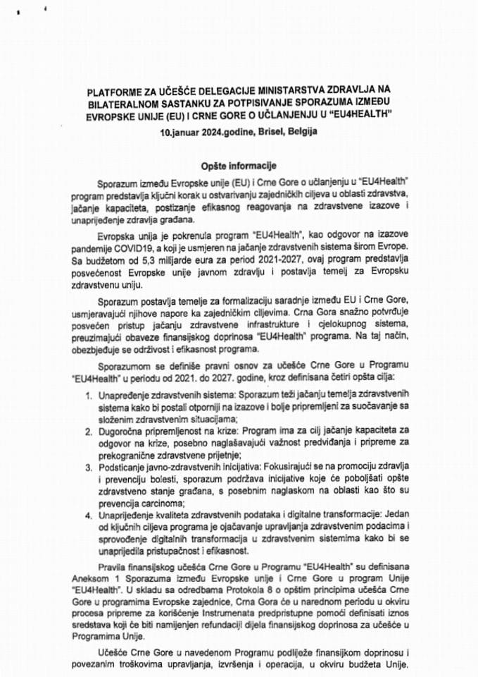 Predlog  platforme za učešće delegacije Ministarstva zdravlja koju će predvoditi dr Vojislav Šimun, ministar zdravlja, na bilateralnom sastanku za potpisivanje Sporazuma između EU i CG o učlanjenju u „EU4Health"