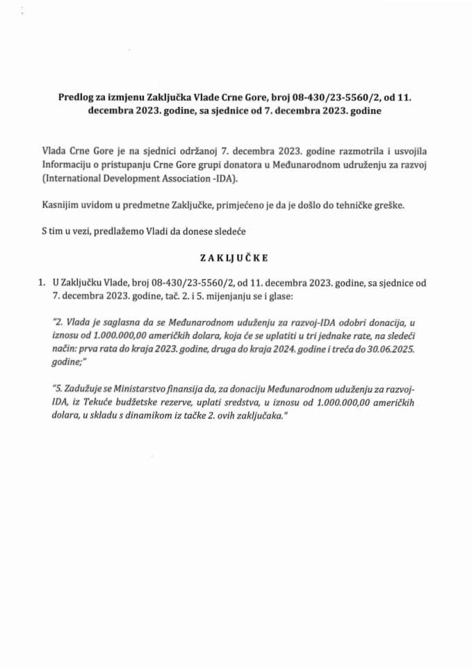 Predlog za izmjenu Zaključka Vlade Crne Gore, broj : 08-430/23-5560/2, od 11. decembra 2023. godine, sa sjednice od 07. decembra 2023. godine