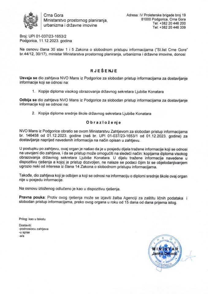 Rješenja - Slobodan pristup informacijama - UPI 01-037-23-1653-2 Mans Rješenje