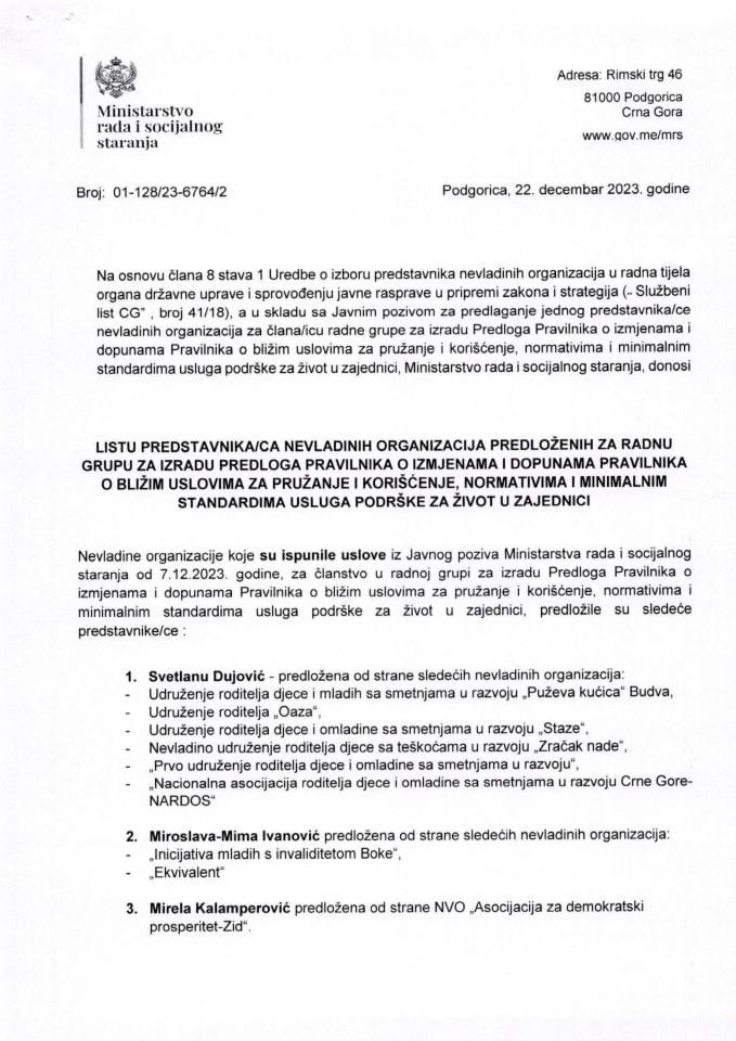 Lista predstavnika/ca NVO predloženih za radnu grupu za izradu Predloga Pravilnika o izmjenama i dopunama Pravilnika o bližim uslovima za pružanje i korišćenje, normativima i minimalnim standardima usluga podrške za život u zajednici