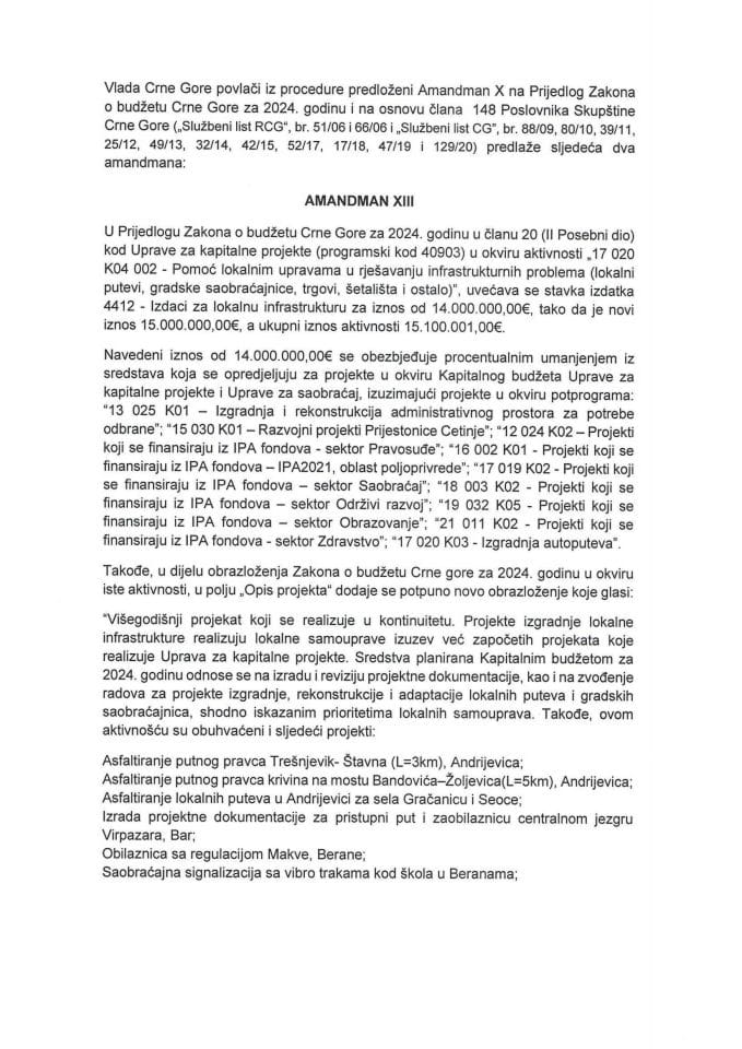 Predlog Amandmana na Predlog zakona o budžetu Crne Gore za 2024. godinu
