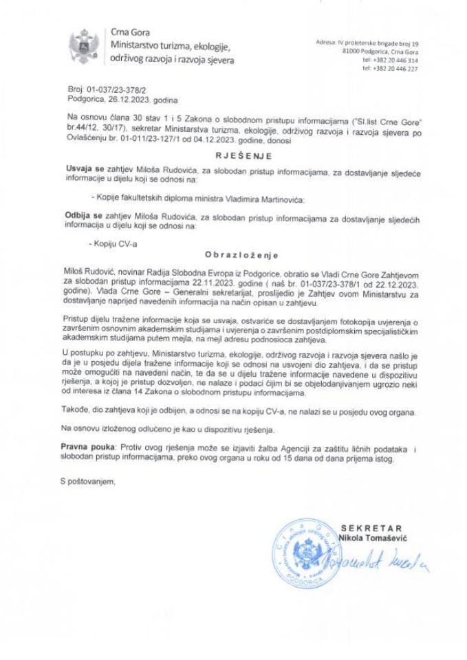 Rješenje - Slobodan pristup informacijama - 01-037/23-378/2 - Miloš Rudović