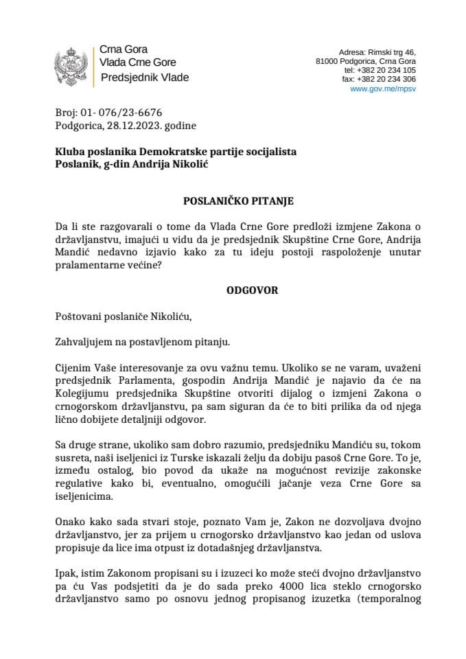 Premijerski sat: Odgovor predsjednika Vlade Milojka Spajića na poslaničko pitanje Andrije Nikolića