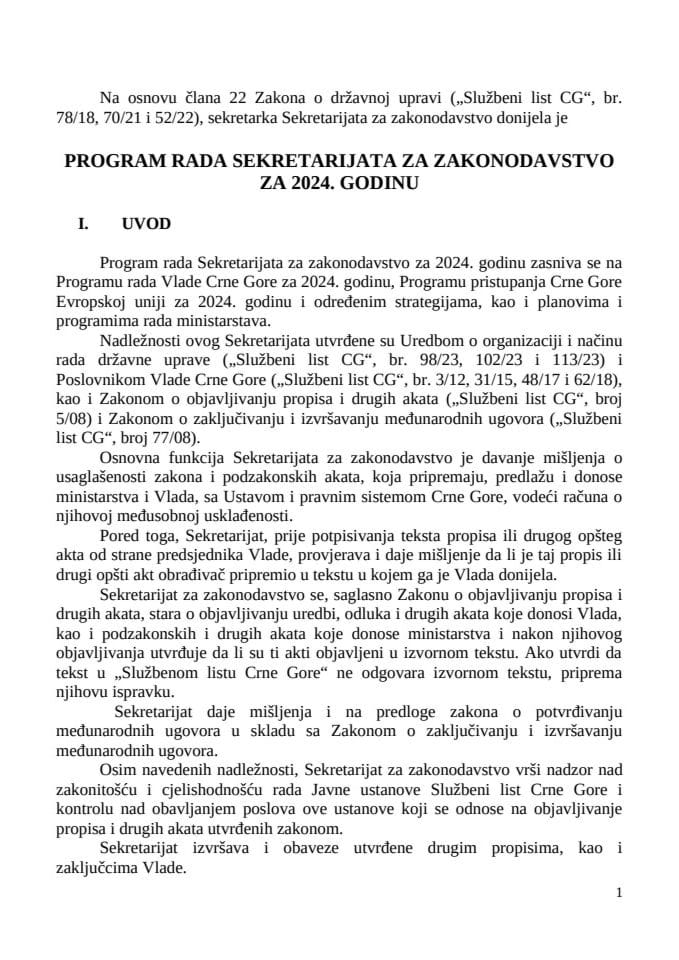 Program rada Sekretarijata za zakonodavstvo za 2024. godinu