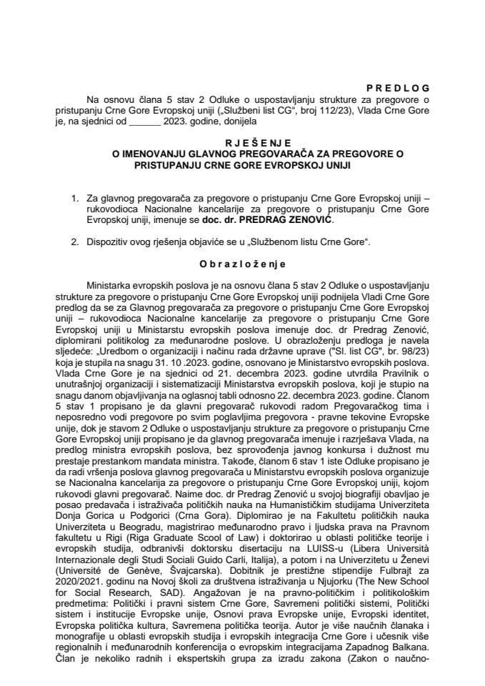 Predlog za imenovanje glavnog pregovarača za pregovore o pristupanju Crne Gore Evropskoj uniji