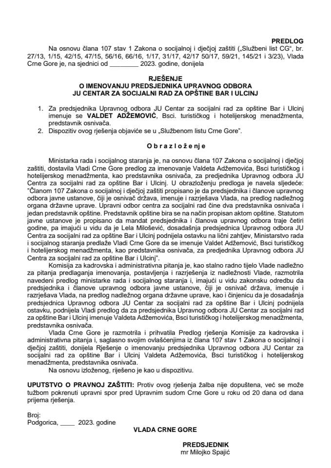 Predlog za imenovanje predsjednika Upravnog odbora JU Centar za socijalni rad za opštine Bar i Ulcinj