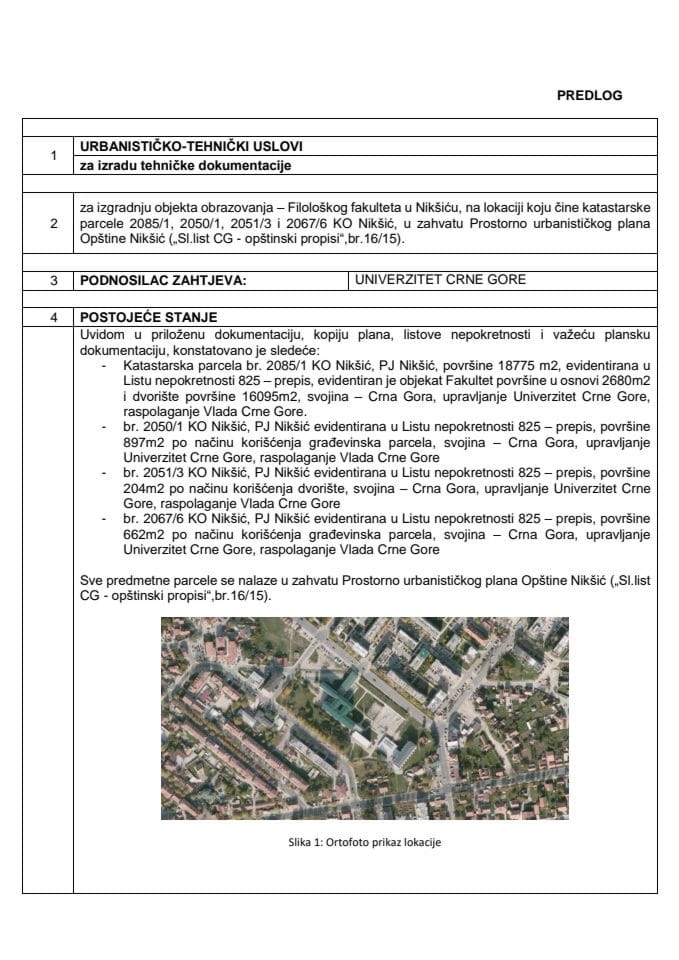 Predlog urbanističko tehničkih uslova za izradu tehničke dokumentacije za izgradnju objekta obrazovanja - Filološkog fakulteta u Nikšiću, na lokaciji koju čine katastarske parcele 2085/1, 2050/1, 2051/3 i 2067/6 KO Nikšić