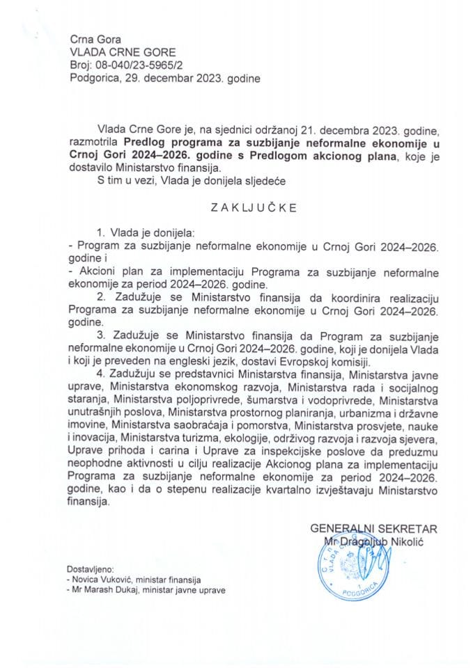 Predlog programa za suzbijanje neformalne ekonomije u Crnoj Gori 2024-2026. godine s Predlogom akcionog plana - zaključci