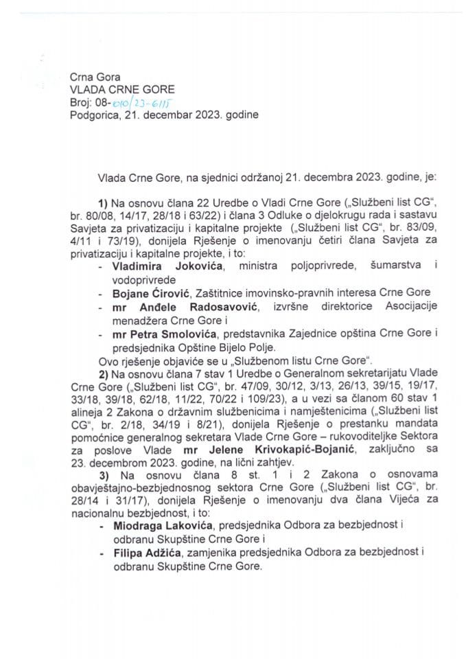 Kadrovska pitanja sa 9. sjednice Vlade Crne Gore - zaključci