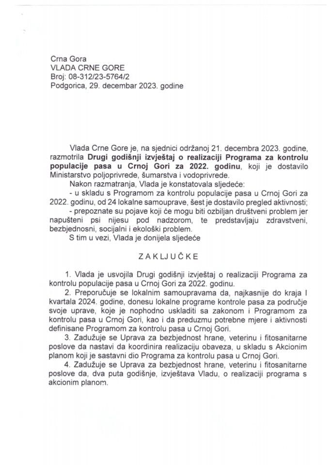 Drugi godišnji izvještaj o realizaciji Programa za kontrolu populacije pasa u Crnoj Gori za 2022. godinu (bez rasprave) - zaključci