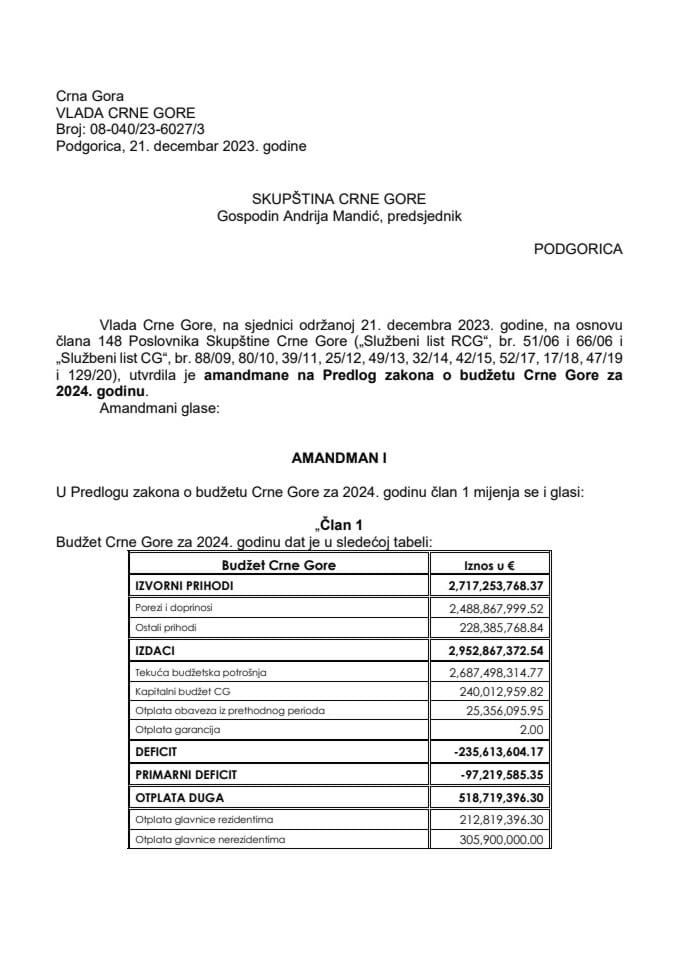 Predlog amandmana na Predlog zakona o budžetu Crne Gore za 2024. godinu - zaključci