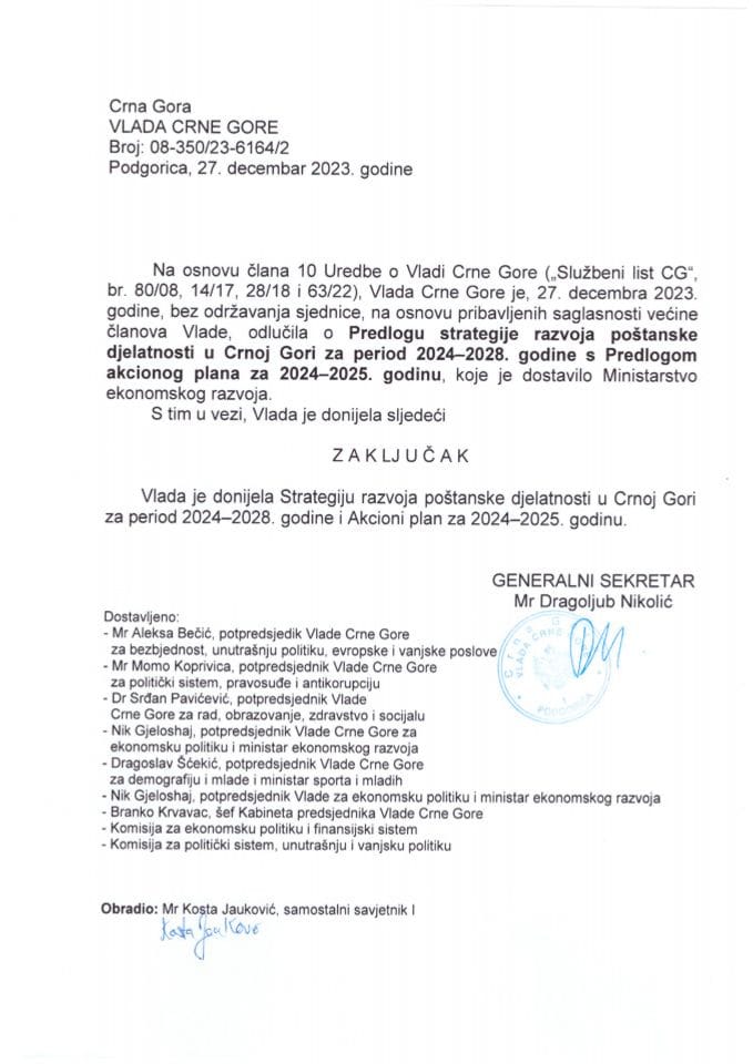 Predlog strategije razvoja poštanske djelatnosti u Crnoj Gori za period 2024- 2028. godina sa Predlogom akcionog plana za 2024-2025. godinu - zaključci