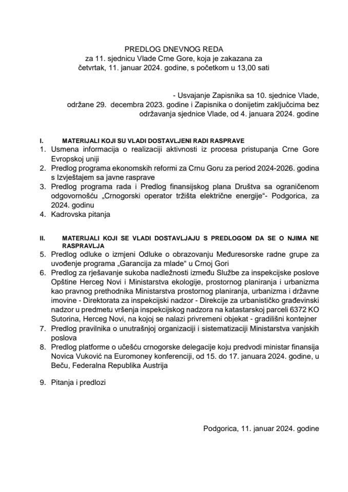 Predlog dnevnog reda za 11. sjednicu Vlade Crne Gore