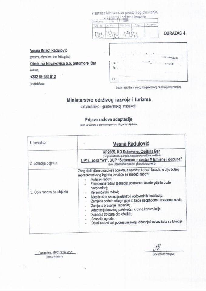 Prijava građenja objekta - 023-7-24-190-1 Vesna Niko Radulović