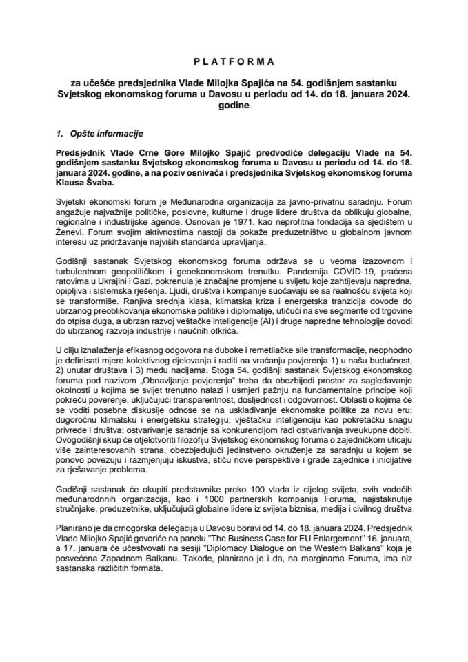 Предлог платформе за учешће предсједника Владе Милојка Спајића на 54. годишњем састанку Свјетског економског форума у Давосу, у периоду од 14. до 18. јануара 2024. године