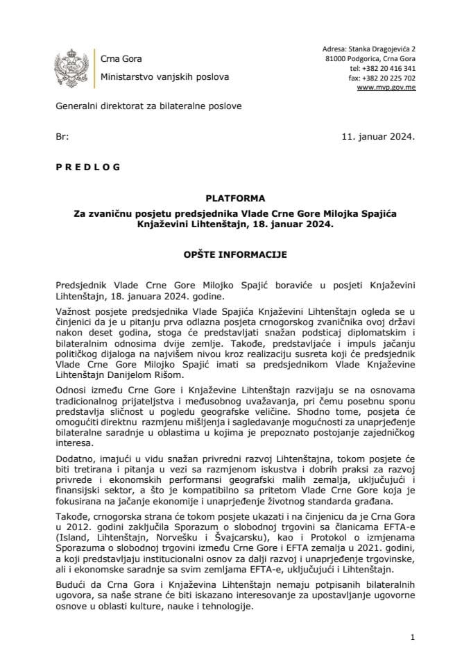 Predlog platforme za zvaničnu posjetu predsjednika Vlade Crne Gore Milojka Spajića Knjaževini Lihtenštajn, 18. januar 2024. godine