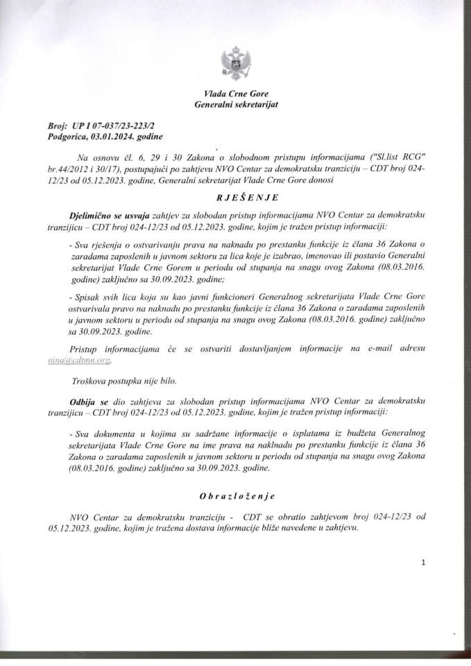 Informacija kojoj je pristup odobren po zahtjevu Centra za demokratsku tranziciju - CDT od 05.12.2023. godine – UP I - 07-037/23-223/2