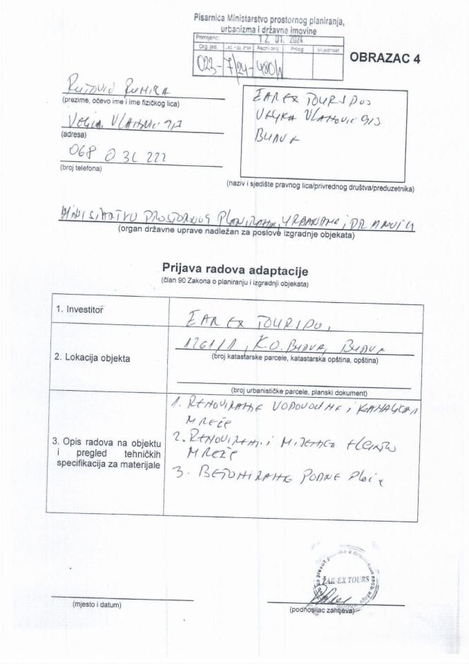 Prijava radova adaptacije - 023-7-24-480-1 earex tours doo