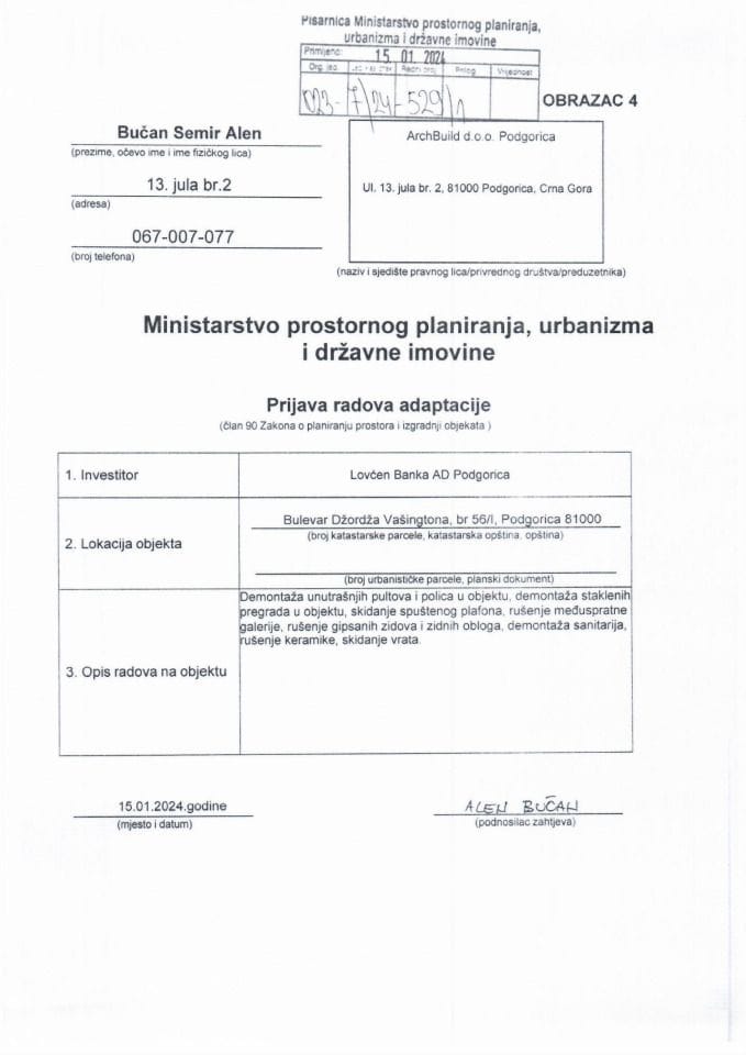 Prijava radova adaptacije - 023-7-24-529-1 lovćen banka ad