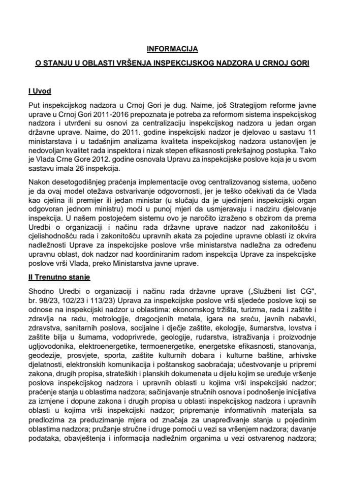 Informacija o stanju u oblasti vršenja inspekcijskog nadzora u Crnoj Gori