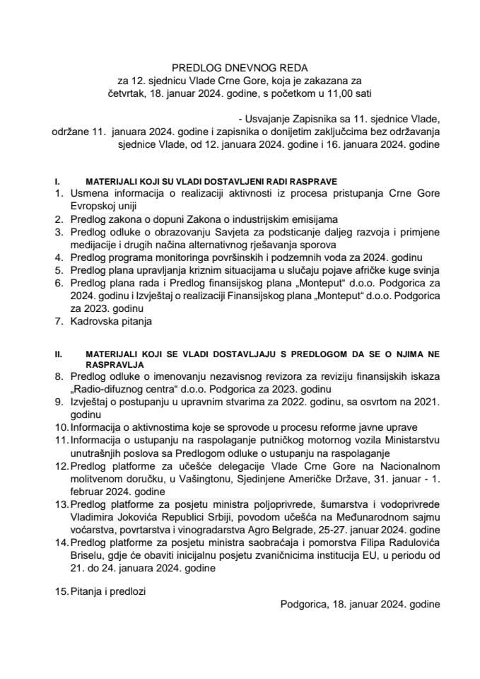 Predlog dnevnog reda za 12. sjednicu Vlade Crne Gore