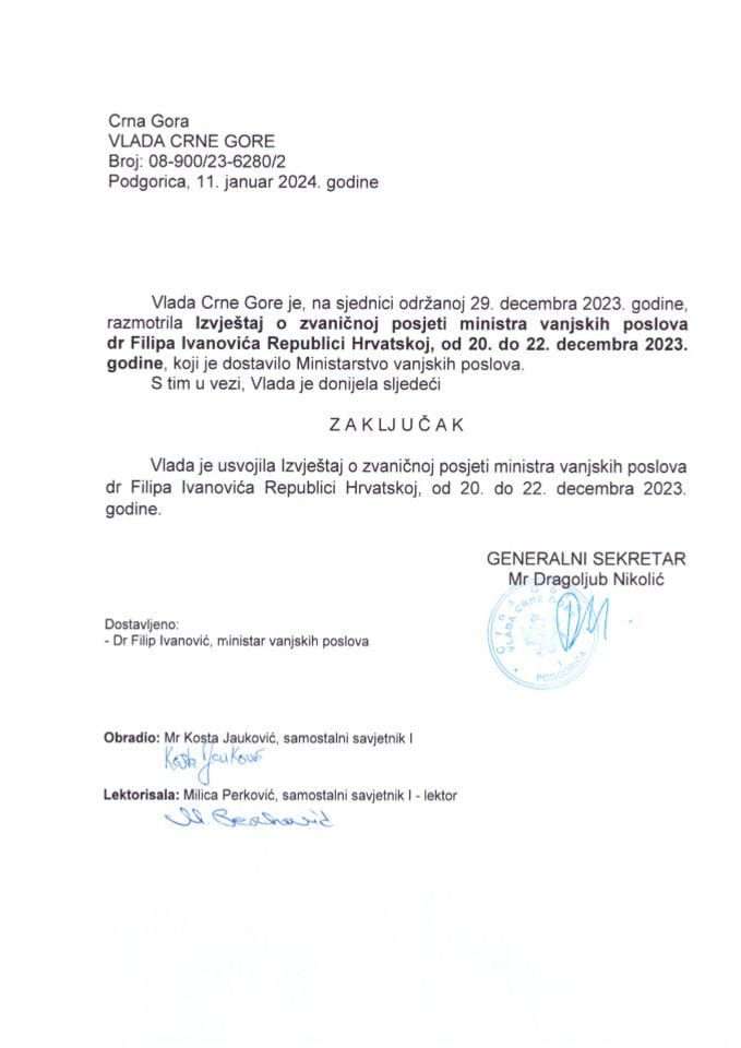 Izvještaj o zvaničnoj posjeti ministra vanjskih poslova dr Filipa Ivanovića Republici Hrvatskoj, 20-22. decembar 2023. godine - zaključci