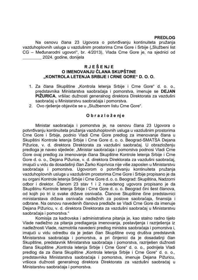 Predlog za imenovanje člana Skupštine „Kontrola letenja Srbije i Crne Gore“ d.o.o.