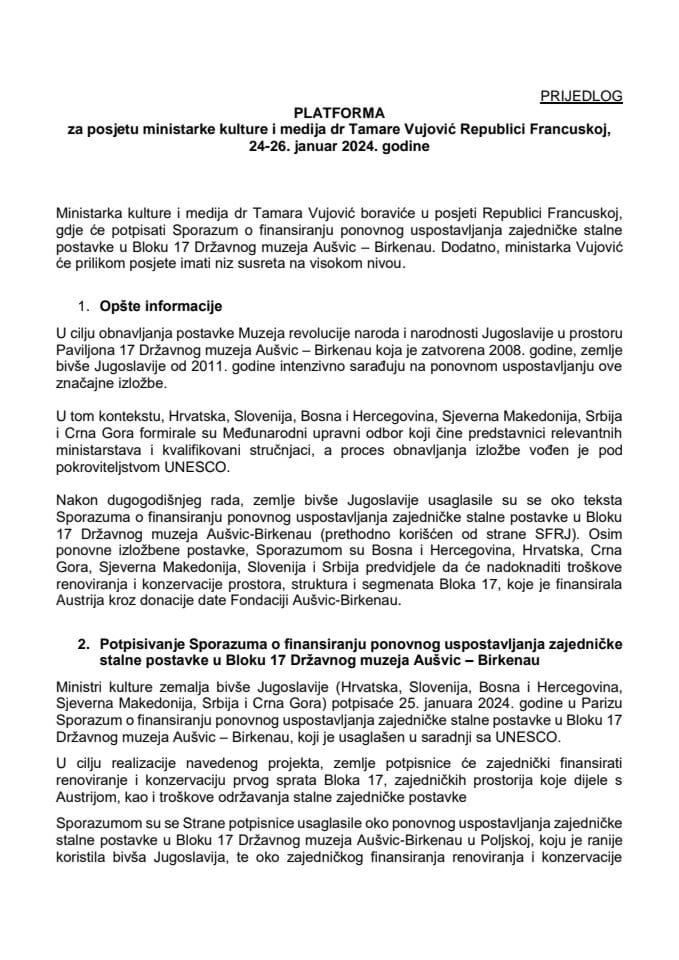 Предлог платформе за посјету министарке културе и медија др Тамаре Вујовић Републици Француској, од 24. до 26. јануара 2024. године
