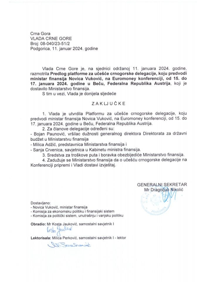 Предлог платформе о учешћу црногорске делегације коју предводи министар финансија Новица Вуковић на Euromoney конференцији, од 15. до 17. јануара 2024. године, у Бечу, Федерална Република Аустрија (без расправе) - закључци