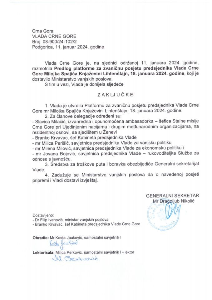 Predlog platforme za zvaničnu posjetu predsjednika Vlade Crne Gore Milojka Spajića Knjaževini Lihtenštajn, 18. januar 2024. godine - zaključci