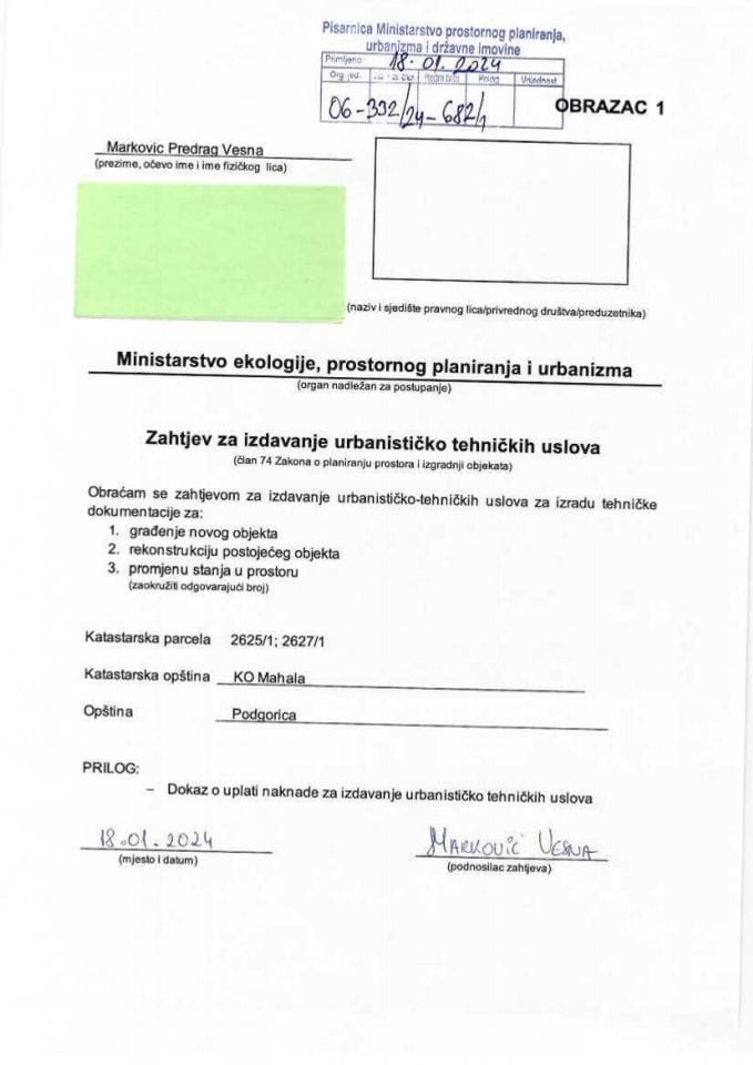 Zahtjevi za izdavanje urbanističko tehničkih uslova - 06_332_24_682_1 Markovic Vesna