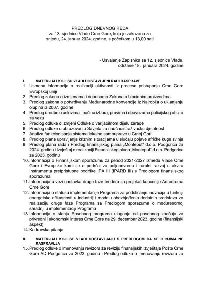 Predlog dnevnog reda za 13. sjednicu Vlade Crne Gore