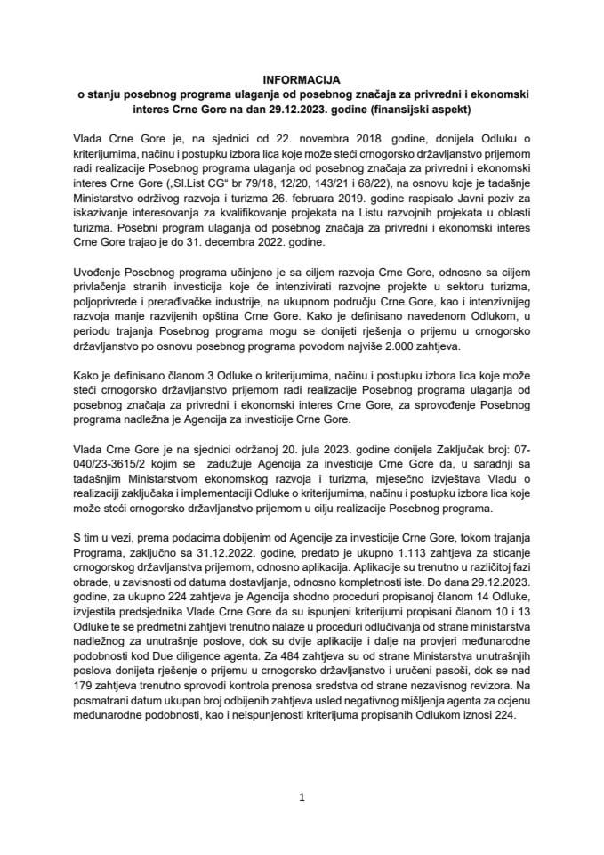 Informacija o stanju Posebnog programa ulaganja od posebnog značaja za privredni i ekonomski interes Crne Gore na 29. decembar 2023. godine (finansijski aspekt)