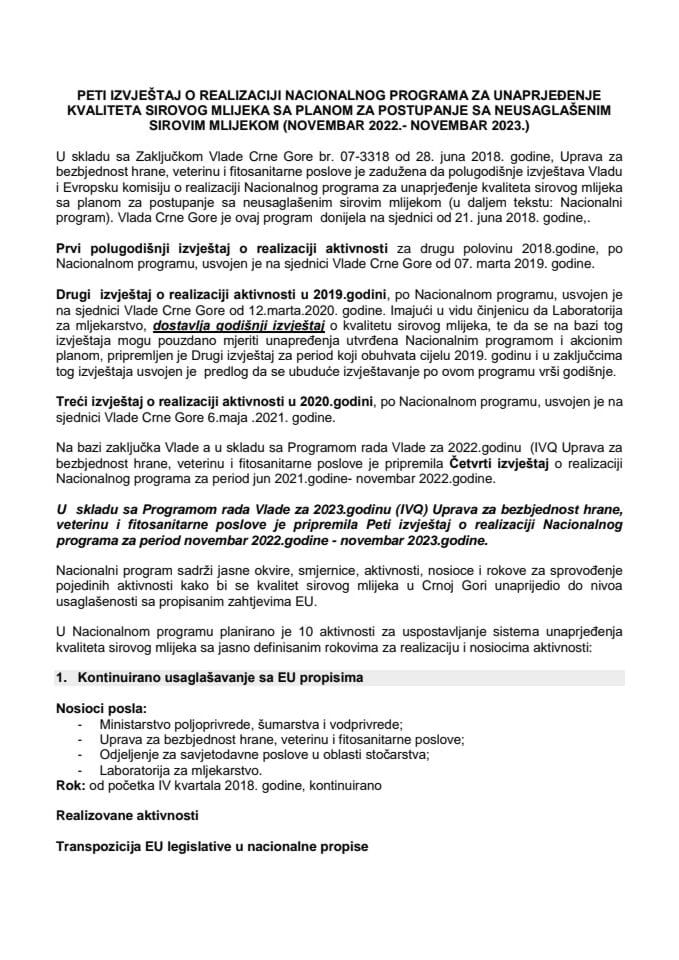 Пети извјештај о реализацији Националног програма за унапрјеђење квалитета сировог млијека са планом за поступање са неусаглашеним сировим млијеком (новембар 2022.- новембар 2023.)