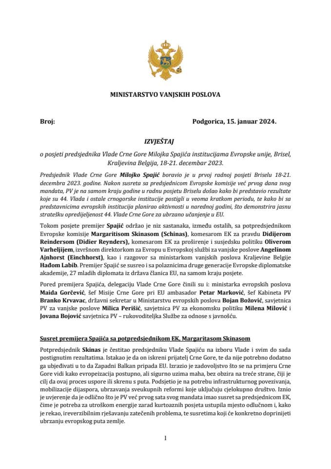 Izvještaj o posjeti predsjednika Vlade Crne Gore Milojka Spajića institucijama Evropske unije, Brisel, Kraljevina Belgija, 18-21. decembar 2023. godine