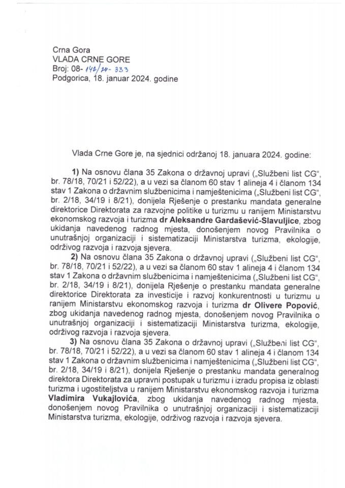 Kadrovska pitanja sa 12. sjednice Vlade Crne Gore - zaključci