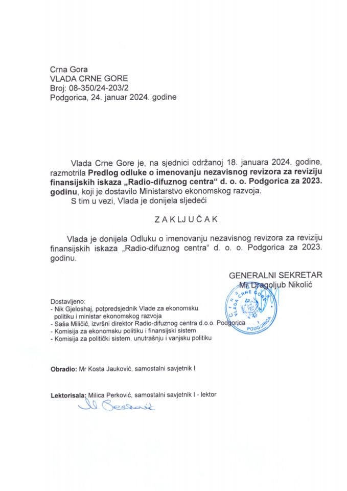 Predlog odluke o imenovanju nezavisnog revizora za reviziju finansijskih iskaza „Radio-difuznog centra“ d.o.o. Podgorica za 2023. godinu - zaključci