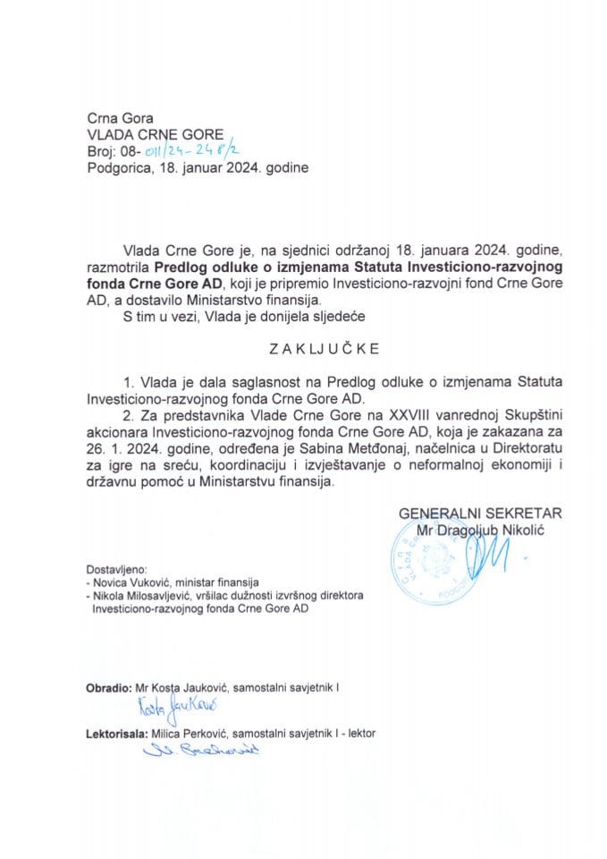 Предлог одлуке о измјенама Статута Инвестиционо-развојног фонда Црне Горе А.Д. - закључци