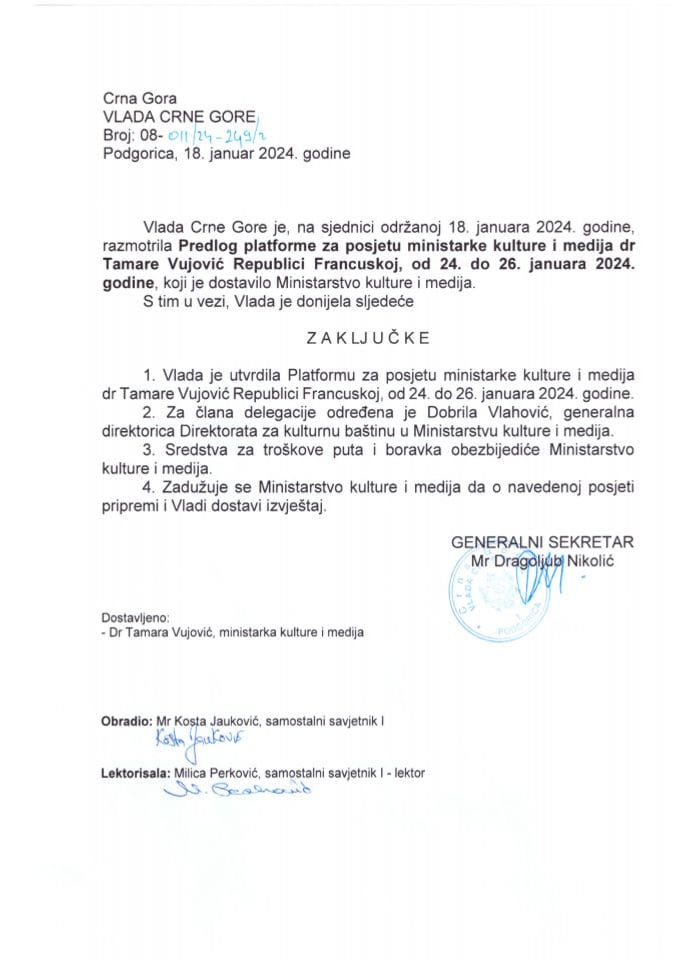 Предлог платформе за посјету министарке културе и медија др Тамаре Вујовић Републици Француској, од 24. до 26. јануара 2024. године - закључци