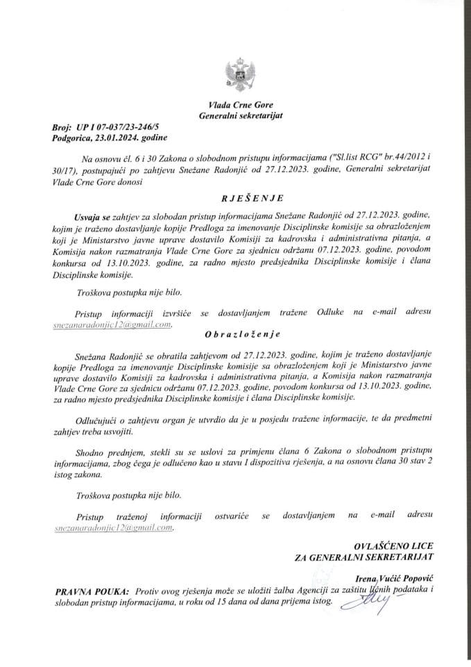 Informacija kojoj je pristup odobren po zahtjevu Snežane Radonjić od 27.12.2023. godine – UP I 07-037/23-246/5